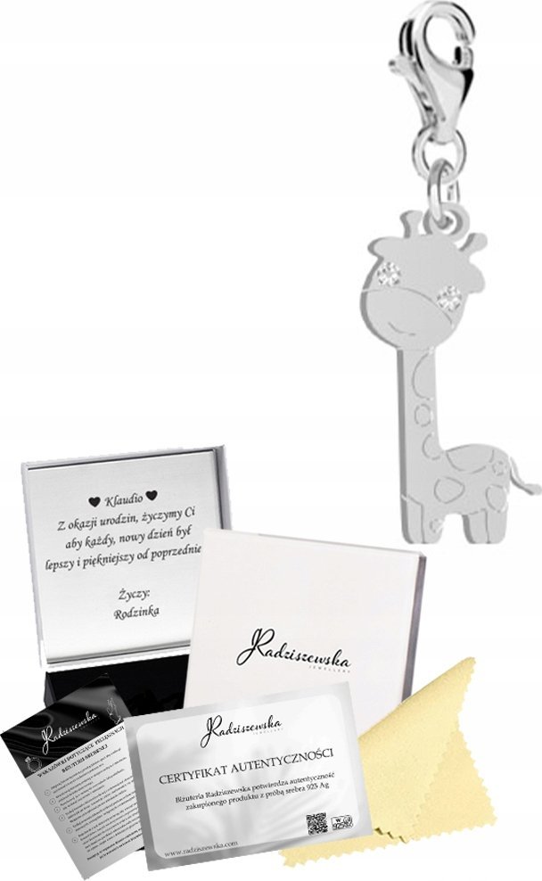 Radziszewska Jewellery Charms Srebrny ŻYRAFA Karabińczyk SREBRO 925 Prezent DEDYKACJA GRATIS