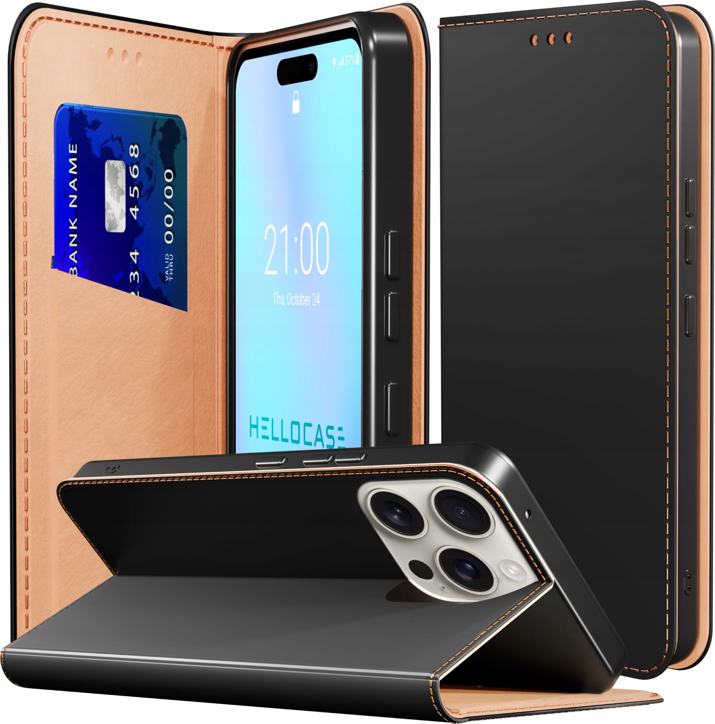 Etui z Klapką do Apple iPhone 16 Pro (Skórzane, Zamykane, Czarne, Kabura)