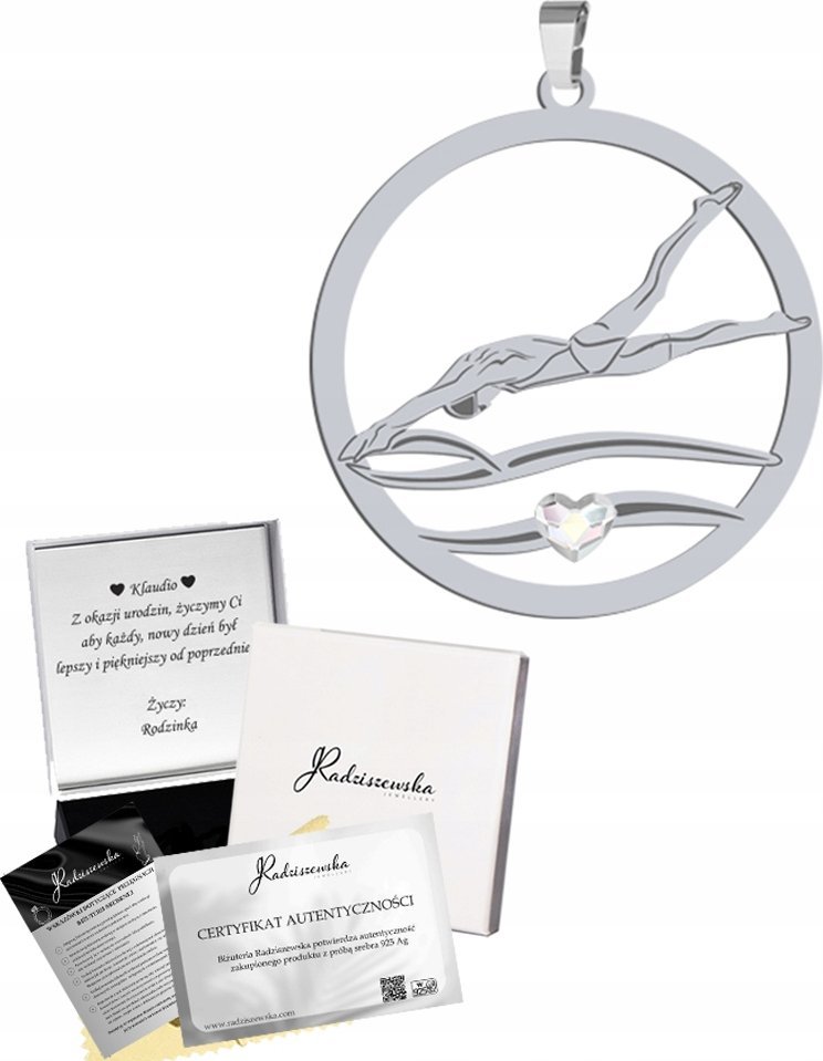 Radziszewska Jewellery Zawieszka Srebrna Pływak Pływanie Wisiorek Prezent SREBRO 925 GRAWER GRATIS