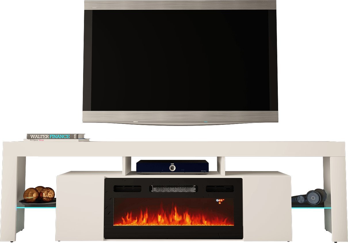 MEGSTYL SZAFKA RTV 200CM Z WKŁADEM KOMINKOWYM - SOLEO 1 biały mat - biały połysk