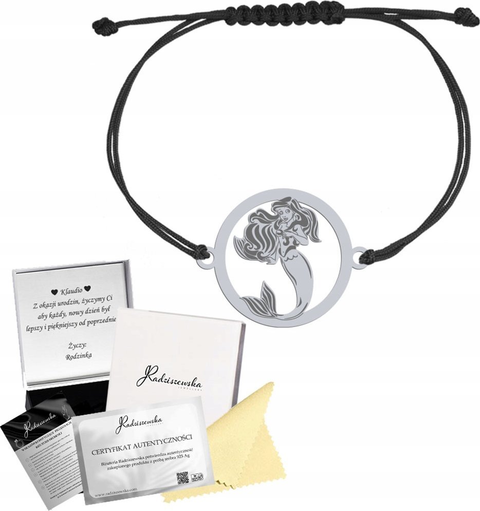 Radziszewska Jewellery Bransoletka Syrenka na Sznurku SREBRO 925 Prezent Biżuteria ŻYCZENIA GRATIS