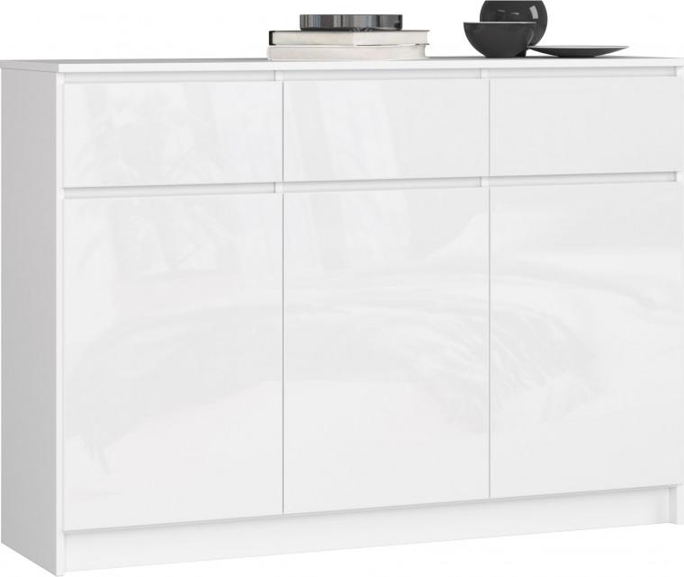 Fabryka Mebli Akord KOMODA K 140 cm 3 DRZWI 3 SZUFLADY BIAŁA / BIAŁY POŁYSK