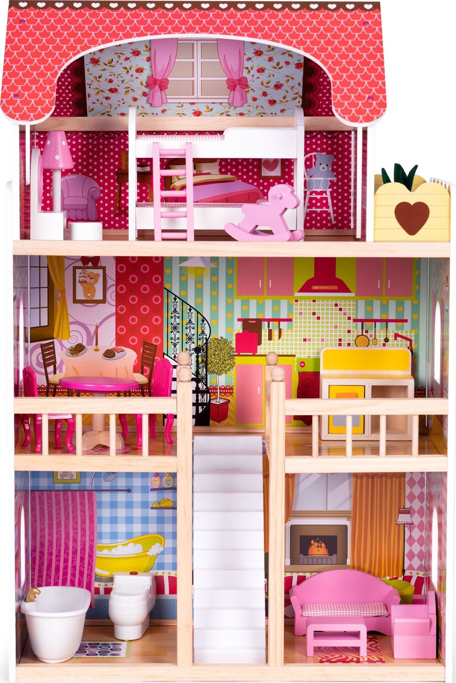 Ecotoys Drewniany domek dla lalek mebelki 3 piętra Ecotoys