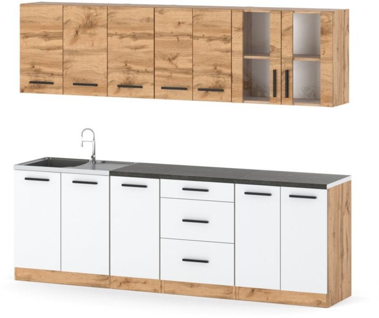 Kuchnia Modułowa Z Blatem Duża Drewniana 2.6m Wotan Dąb Wotan Biały Mat