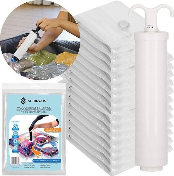Springos Worki próżnioe 15 szt. + pompka, pokrowce na ubrania 2 rozmiary UNIWERSALNY