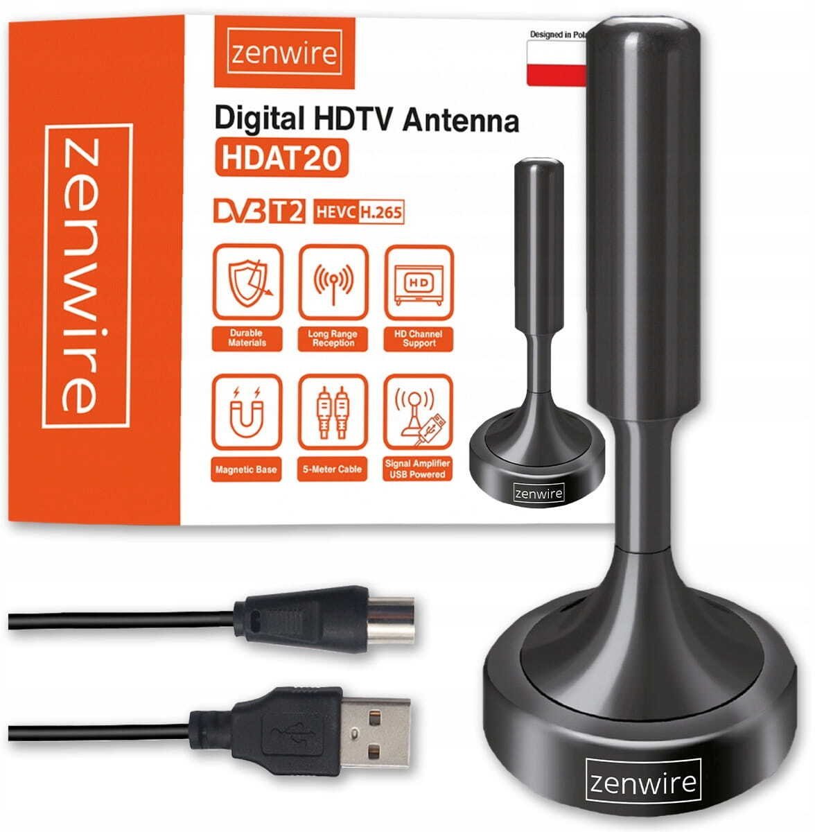 Antena do Telewizji Naziemnej Pokojowa DVBT2 HEVC H.265 Wewnętrzna Mocna 5M