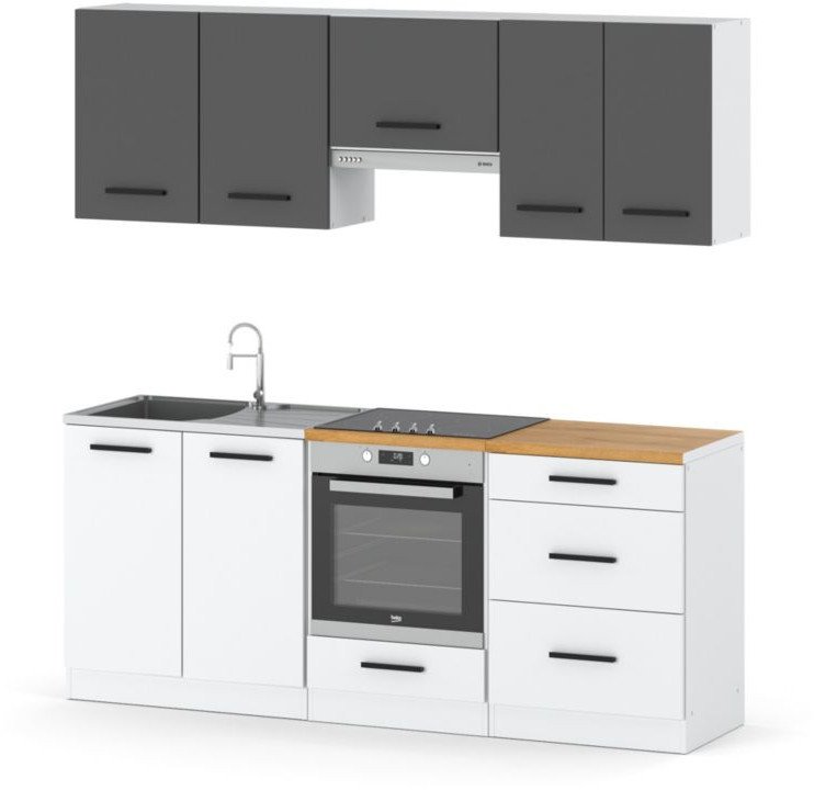 Meble Kuchenne Modułowe Nowoczesne Z Blatem Małe 2.0m Biały Szary Biały Mat