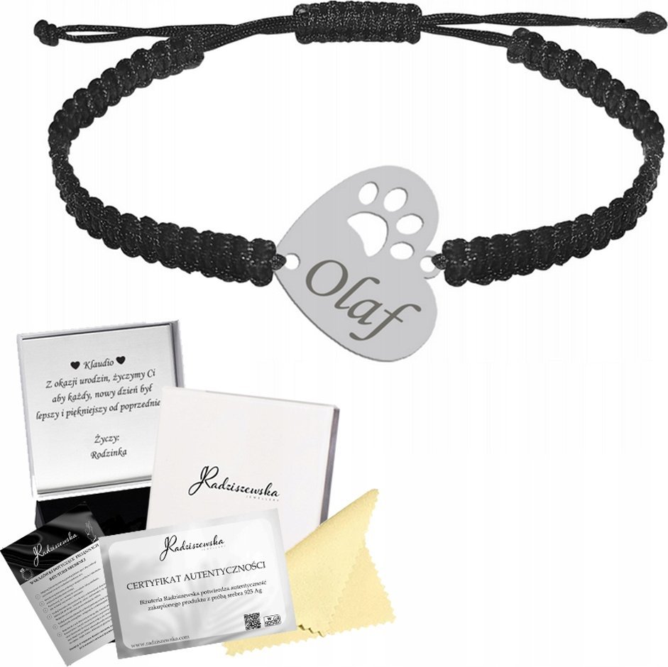 Radziszewska Jewellery Bransoletka Srebrna ŁAPKA PSA KOTA Imię Pupila Serce Sznurek 925 GRAWER