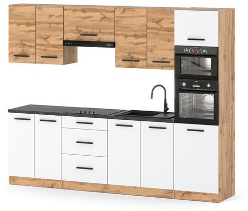 Kuchnia Nowoczesna Modułowa Słupek Drewniana 2.6m Wotan Dąb Wotan Biały