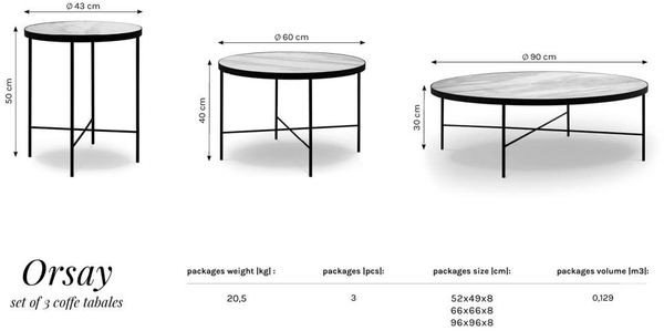 3-jų kavos staliukų komplektas Interieurs86 Orsay, baltas/juodas