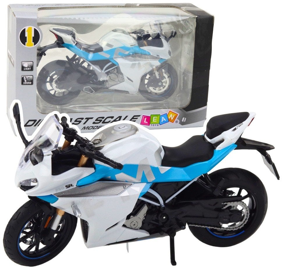 Motocykl Sportowy Metalowy Światła Dźwięki Biało Niebieski 1:12