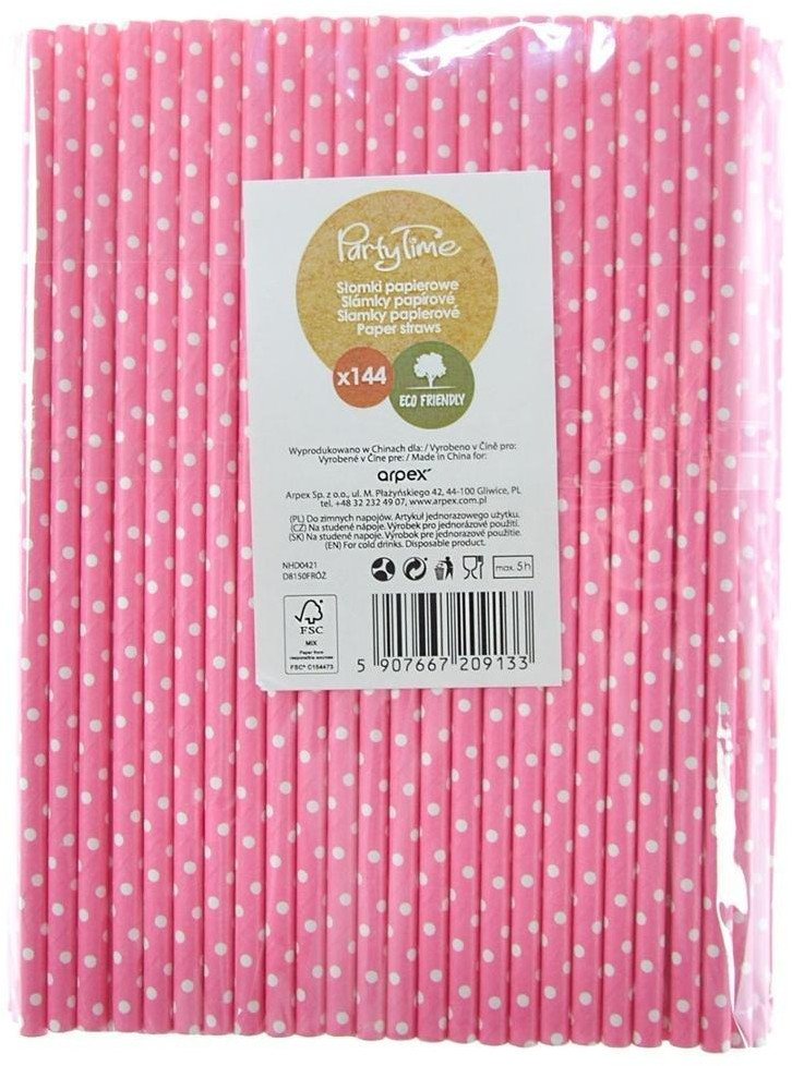Słomki papierowe różowe w białe kropki 144szt