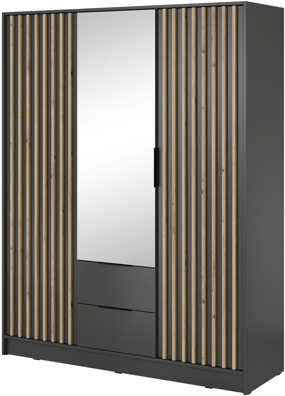 Szafa Stilo w kolorze grafitowym trzydrzwiowa z lustrem i lamelami na froncie
