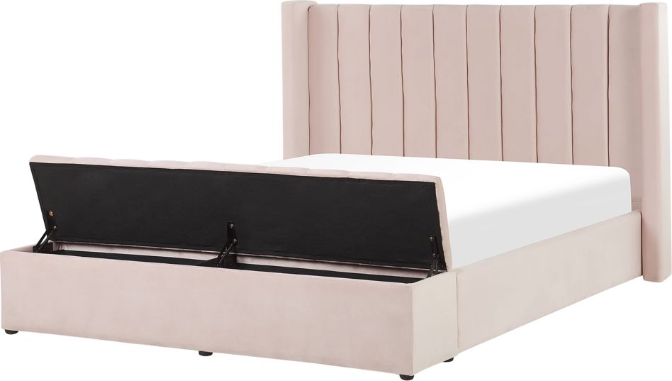 Beliani Łóżko welurowe z ławką 160 x 200 cm pastelowy róż NOYERS