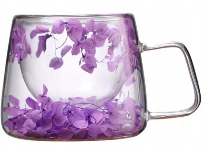 Piękny elegancki szklany kubek z podwójną ścianką z kwiatami kolory uchwyt