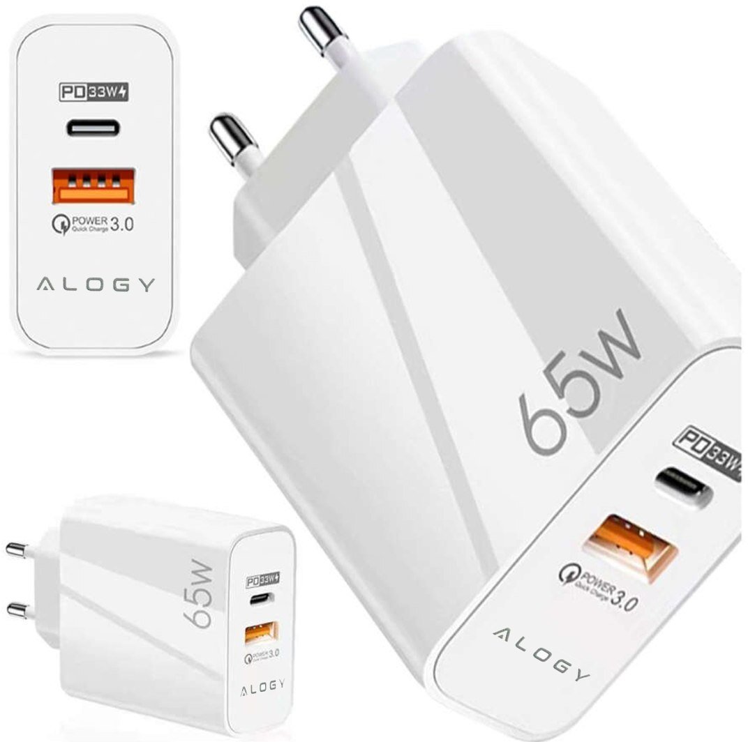 Ładowarka sieciowa szybka USB-A QC 3.0 Quick Charge + USB-C PD 33W 65W Alogy Biała