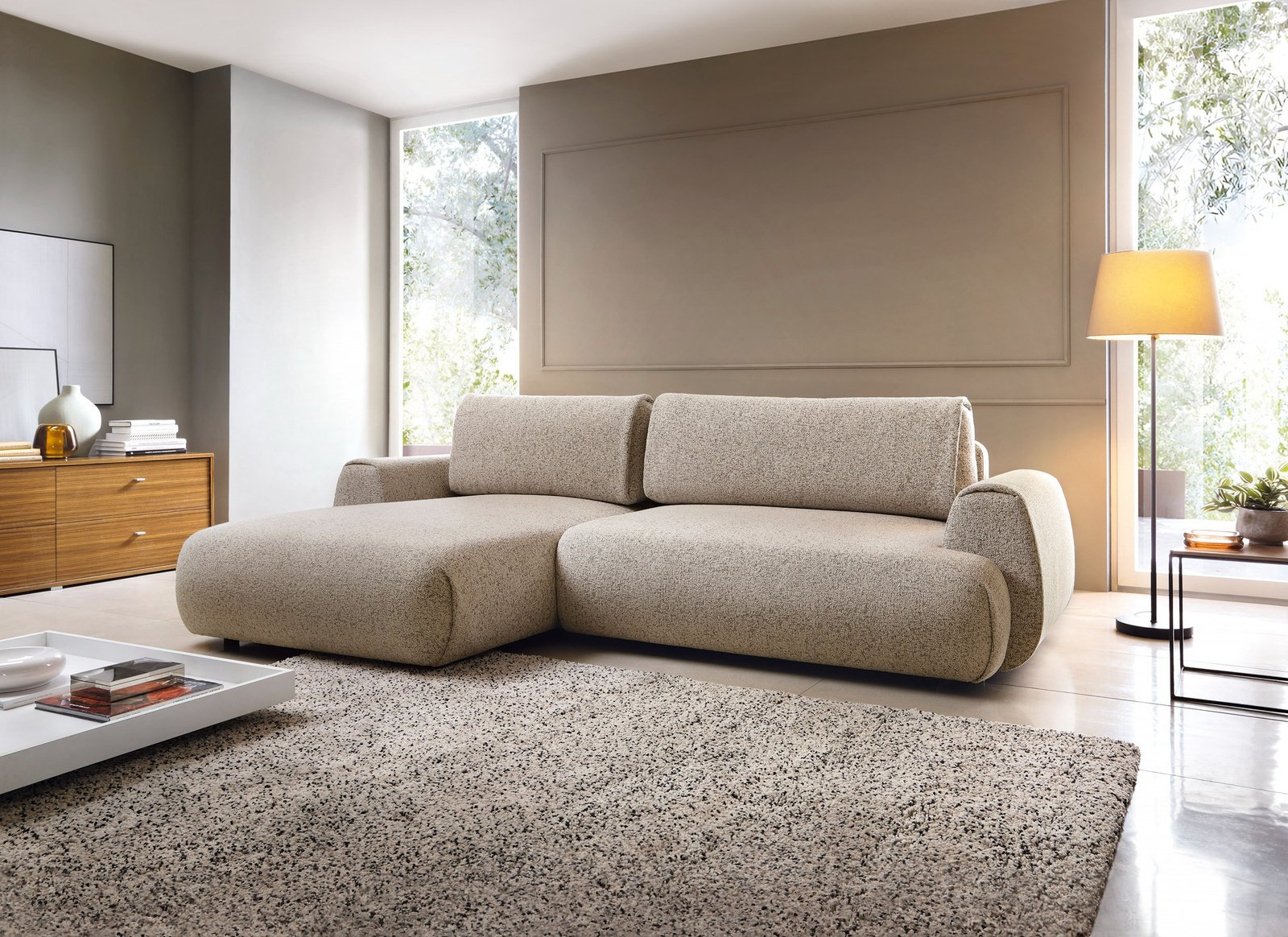 Narożnik VERNIO lewostronny plecionka Puente 16 zimny beż funkcja spania