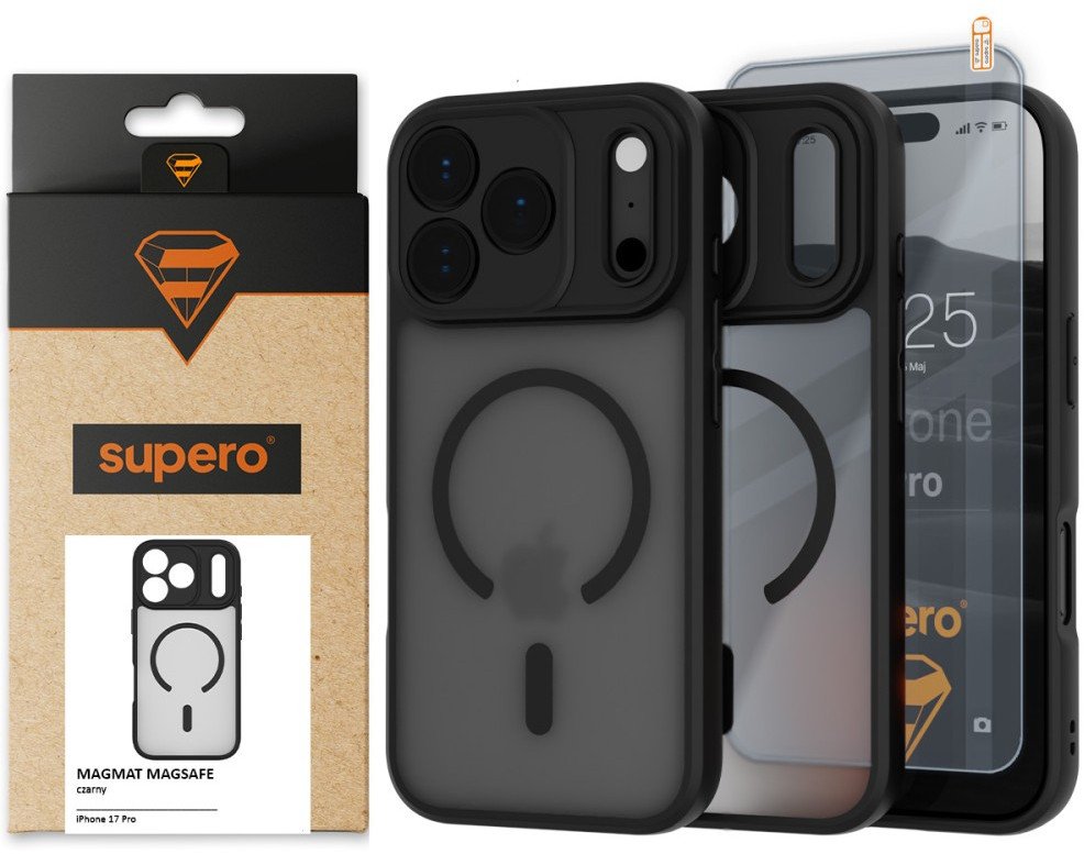 Etui matowe Supero Magmat MagSafe do iPhone 17 Pro, czarne + szkło