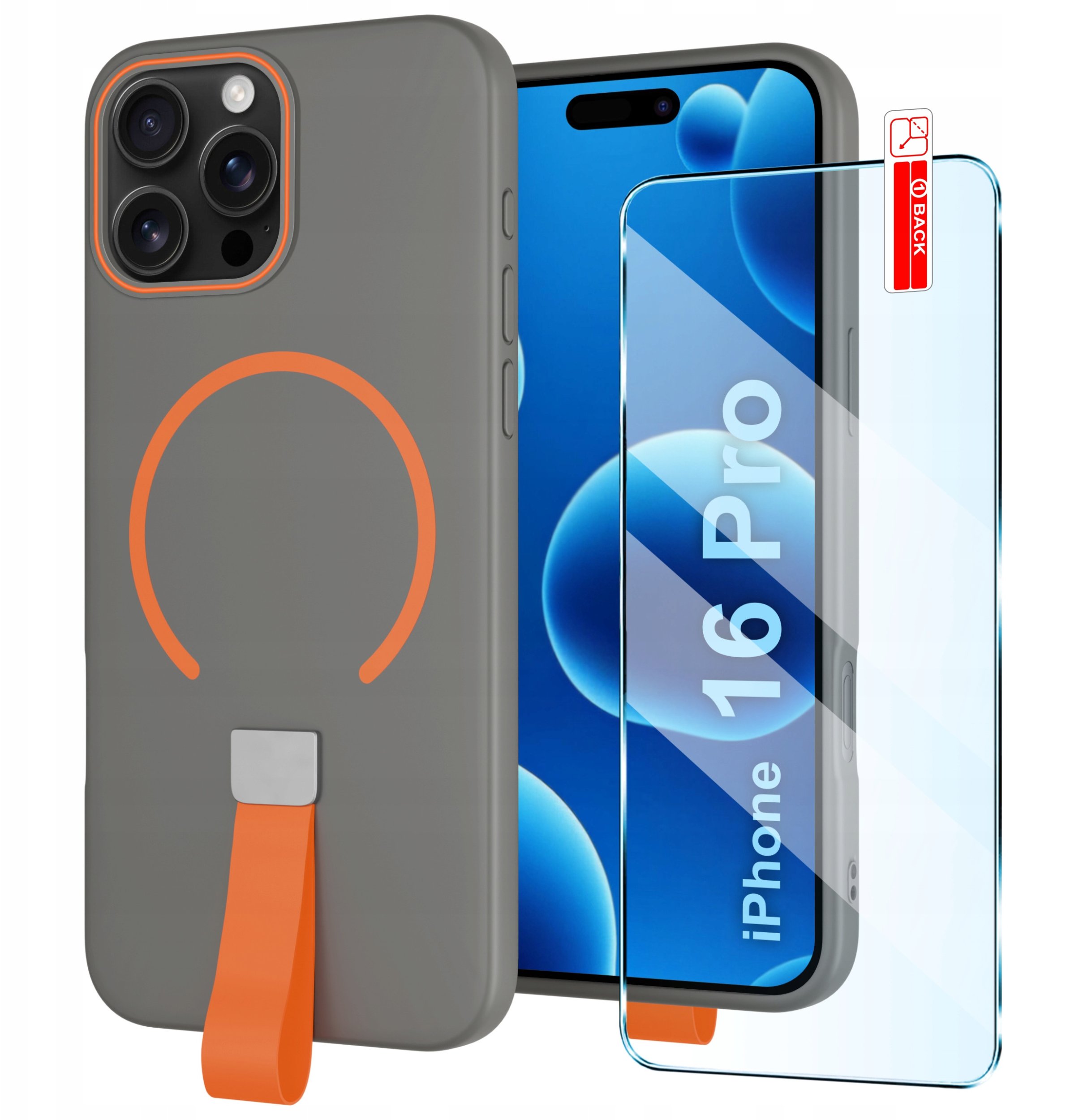 Etui z Paskiem na palec Matowe SZARE do iPhone 16 Pro |do MagSafe +Szkło