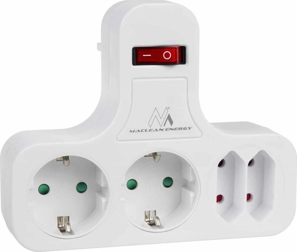 Maclean Gniazdko prądowe - Poczwórne z wyłącznikiem, Nóżką stabilizującą, Typu schuko, 2x2.5A, 2x16A, MCE224