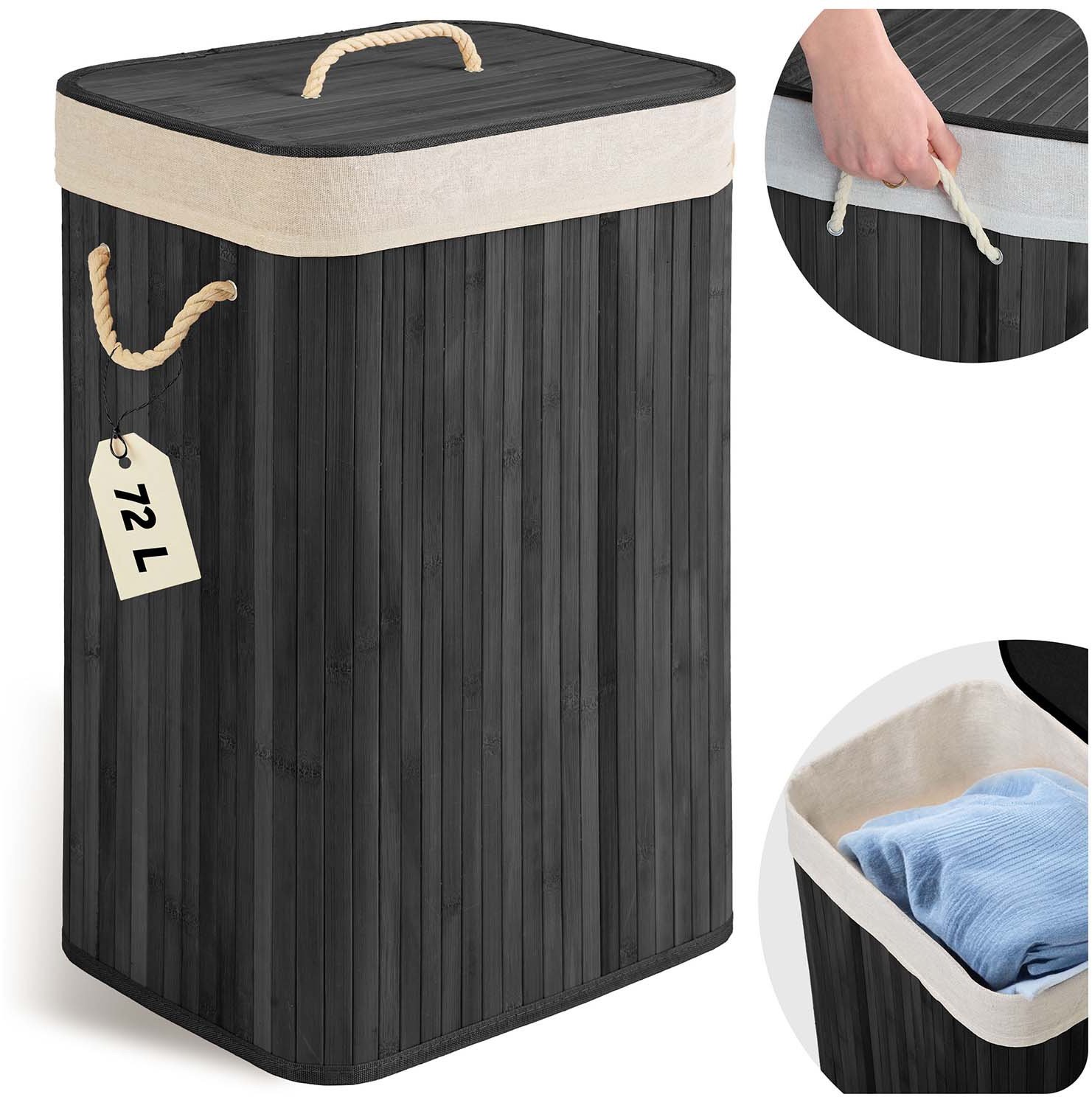 Bambusowy kosz na pranie bieliznę z pokrywą 72 l Massido