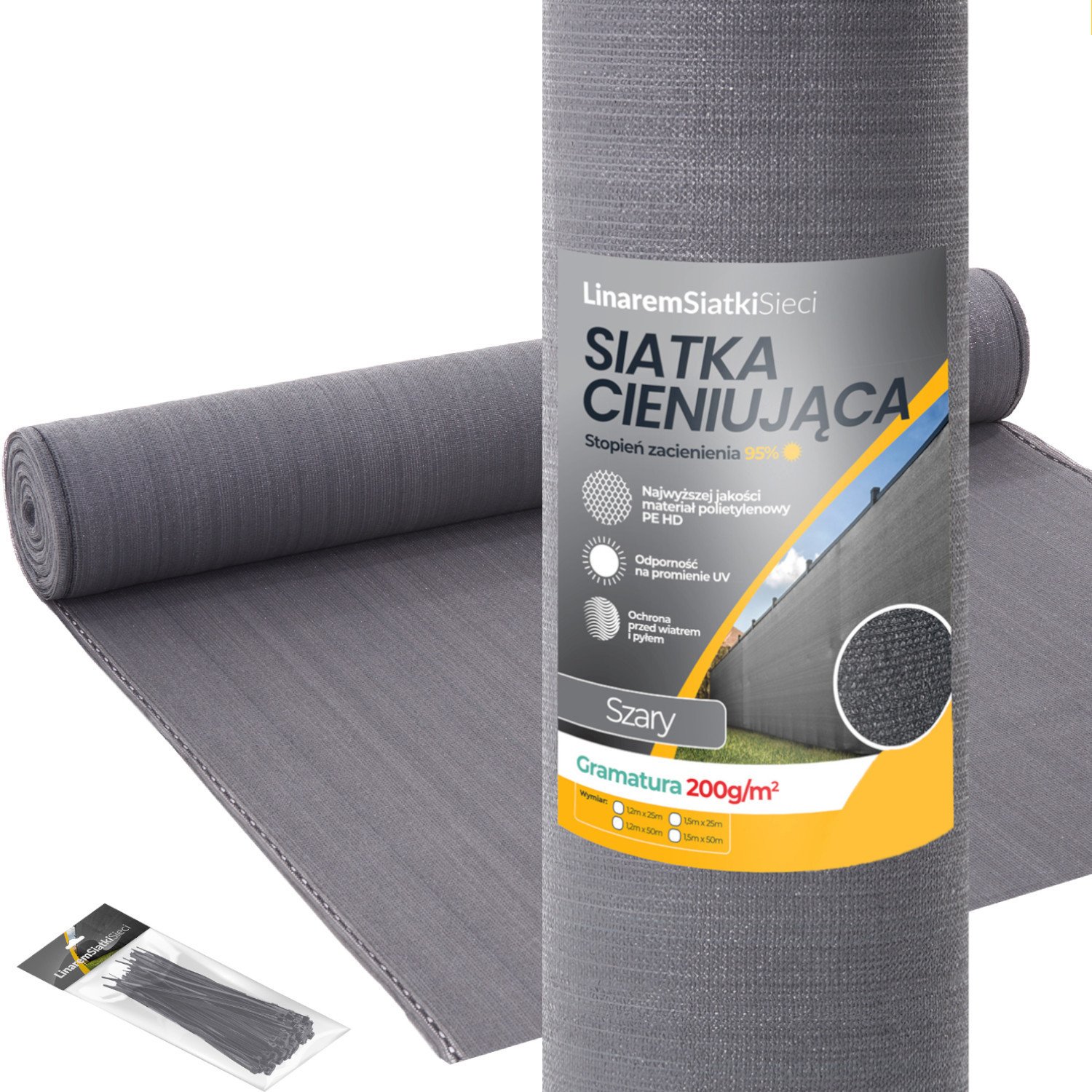 SIATKA CIENIUJĄCA 95% MASKUJĄCA 1,2x50m OSŁONA NA PŁOT OGRODZENIE SZARA +UV