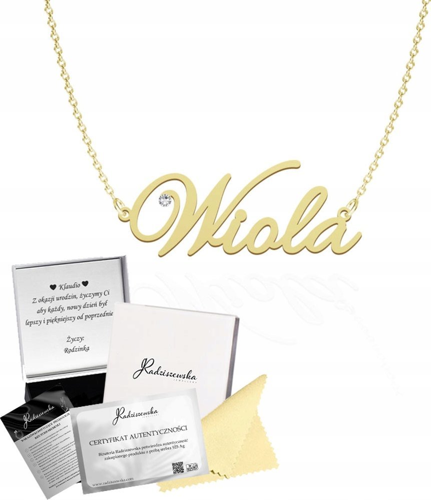 Radziszewska Jewellery Złoty Naszyjnik z Imieniem WIOLA Łańcuszek SREBRO 925 Prezent ŻYCZENIA