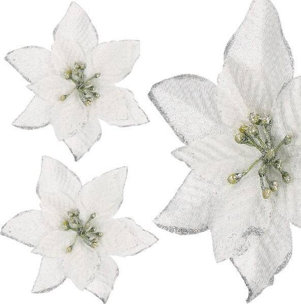 Springos Gwiazda betlejemska, sztuczny kwiat poinsecja srebrna z brokatem, na klipsie UNIWERSALNY