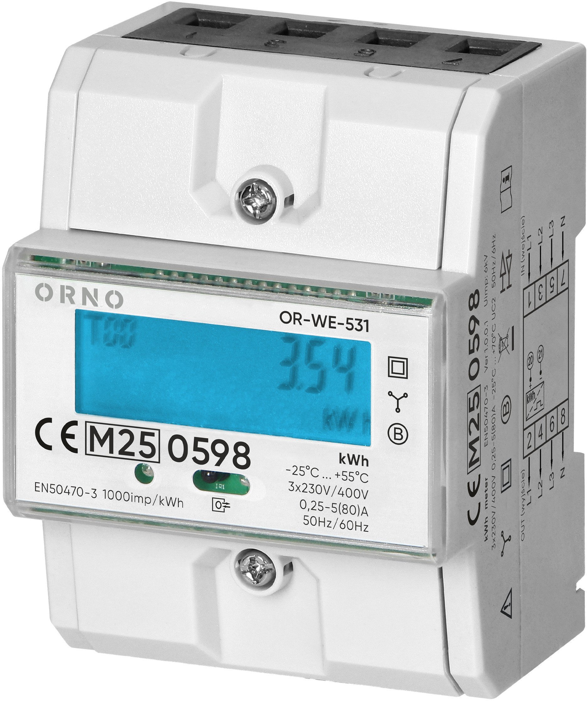 3-fazowy licznik energii elektrycznej, 80A, MID, 4,3 moduły, DIN TH-35mm