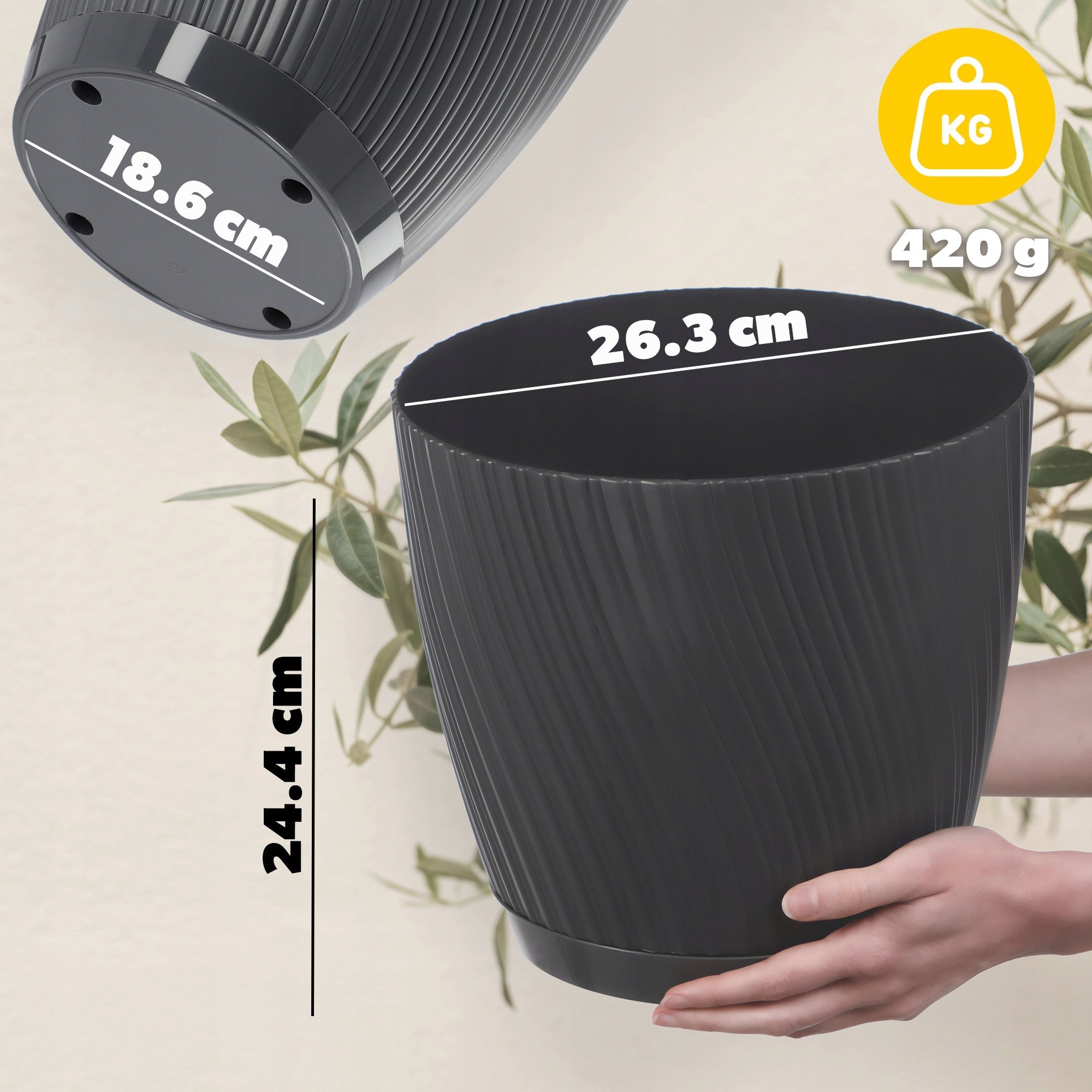 Kadax KADAX Doniczka Z Podstawką 27cm Plastikowa szara