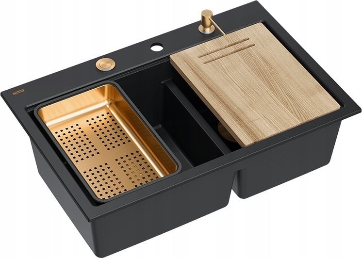 Zlewozmywak GraniteQ MARC 120 WORKSTATION GraniteQ zlewozmywak 2-komorowy 760*500*235 mm pure carbon + syfon push to open + dozownik + deska + wkładka