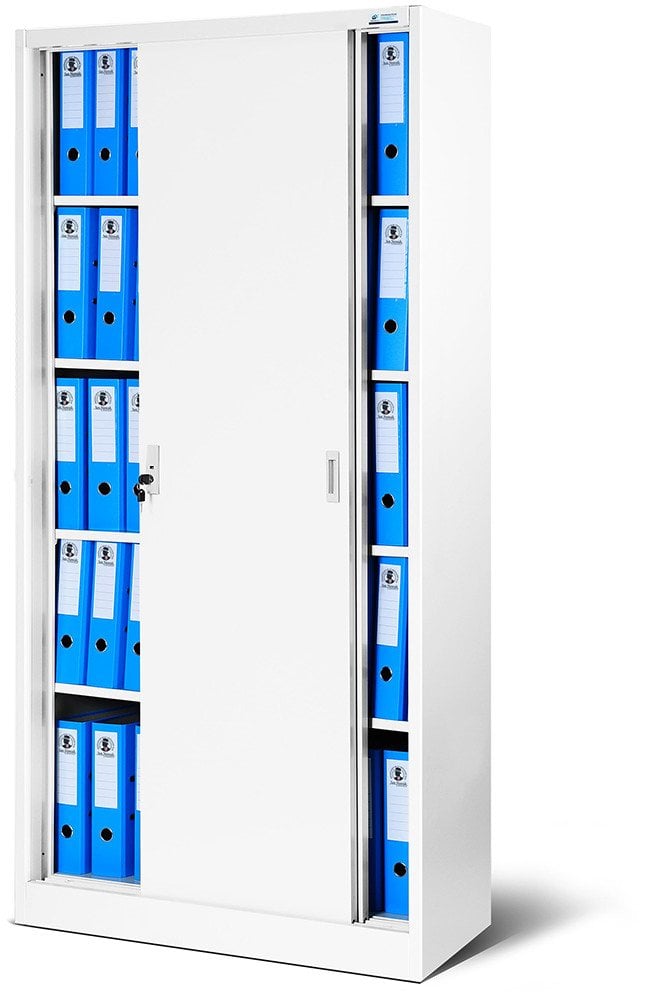 Biurowa szafa metalowa z drzwiami przesuwnymi KUBA, 900 x 1850 x 400 mm, biała