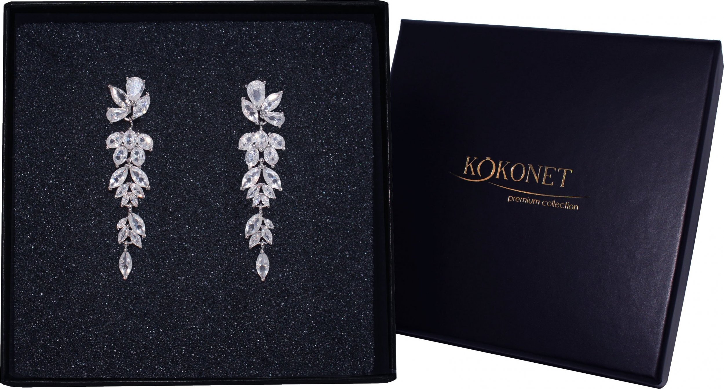 KOKONET Srebrne wiszące długie KOLCZYKI błyszczące z kryształkami na ŚLUB cyrkonie