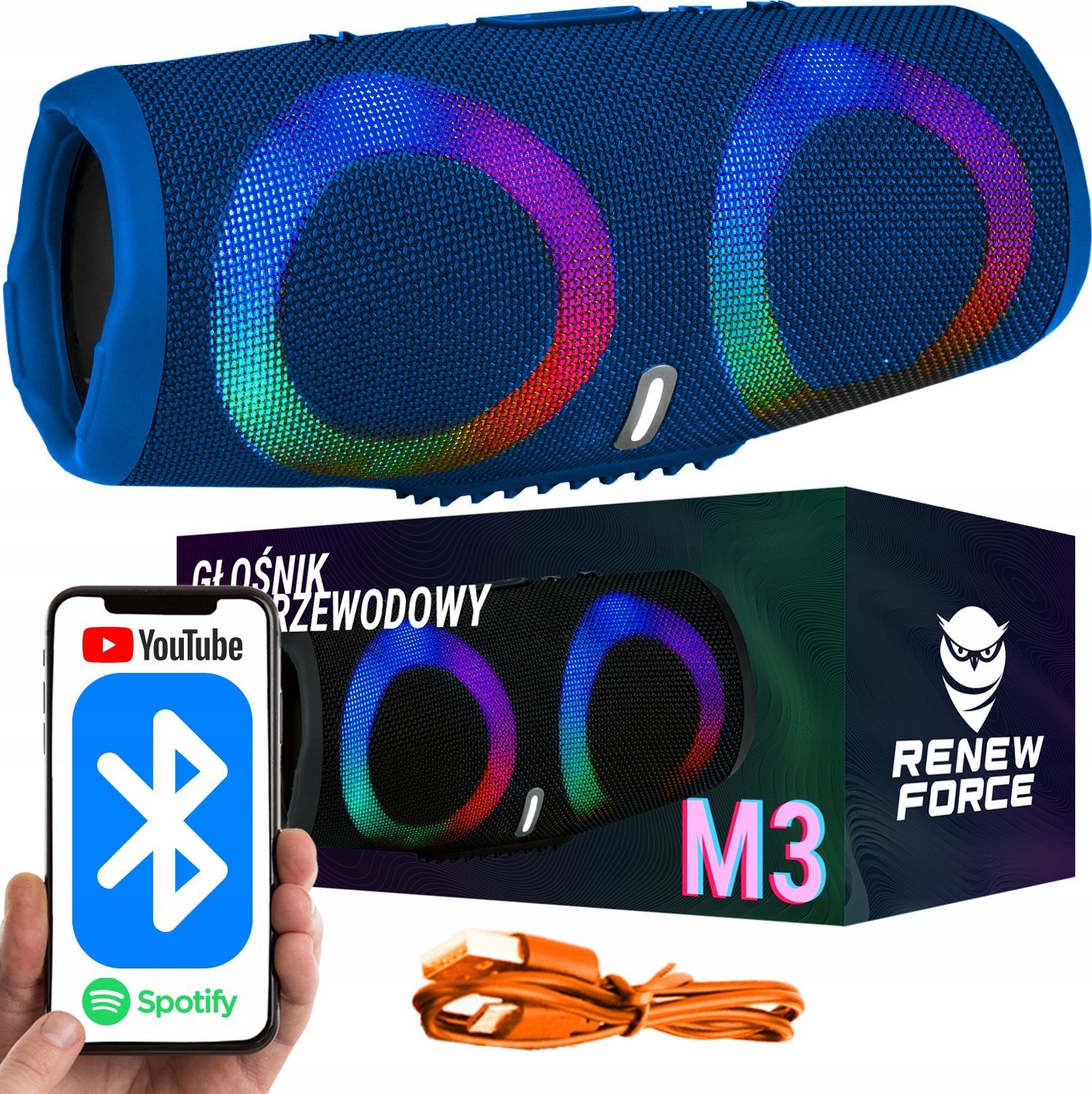 GŁOŚNIK BEZPRZEWODOWY BLUETOOTH RGB M3 NIEBIESKI