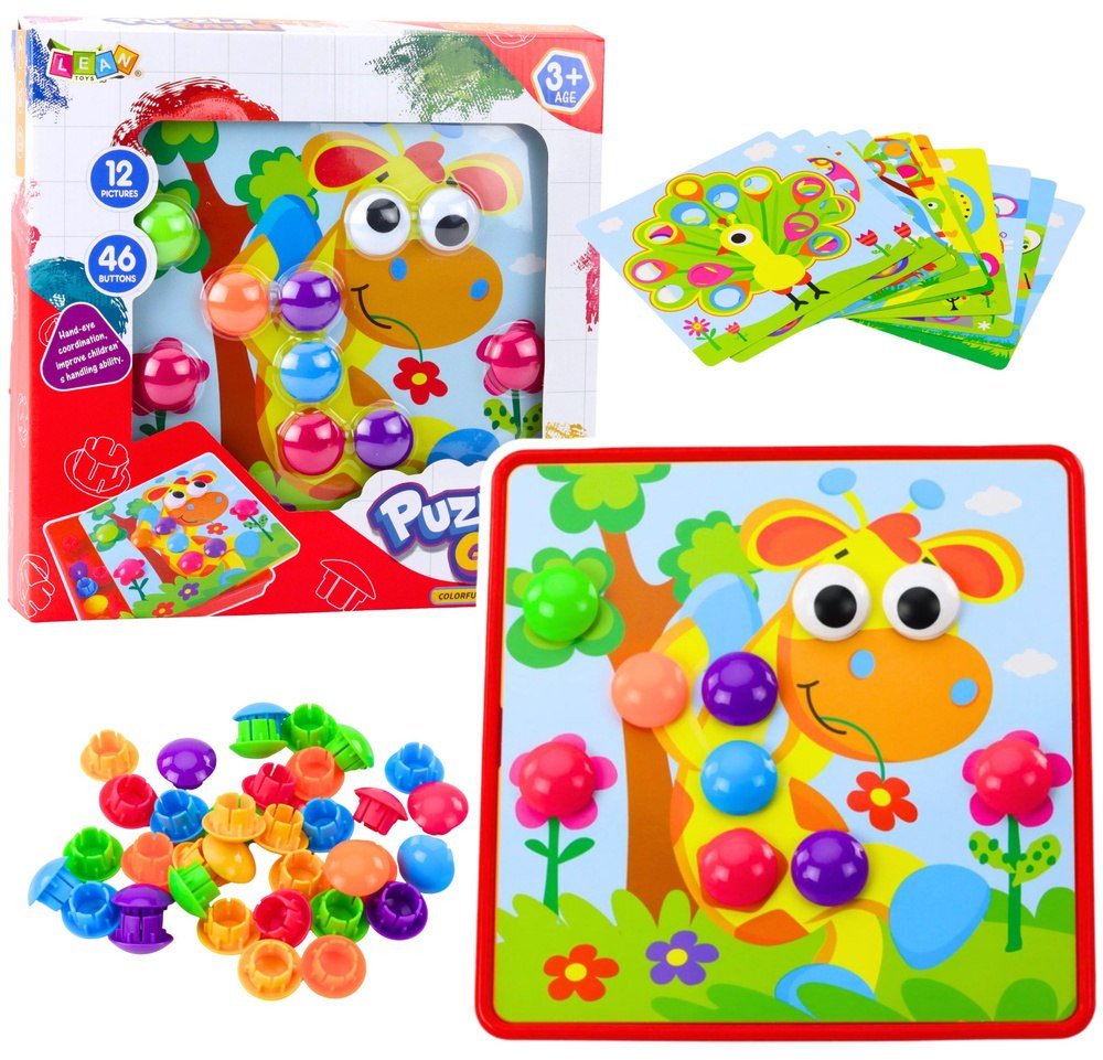 Układanka Guzikowa Mozaika Kreatywna Kolorowa 12 Plansz 46 Guzików LEAN Toys