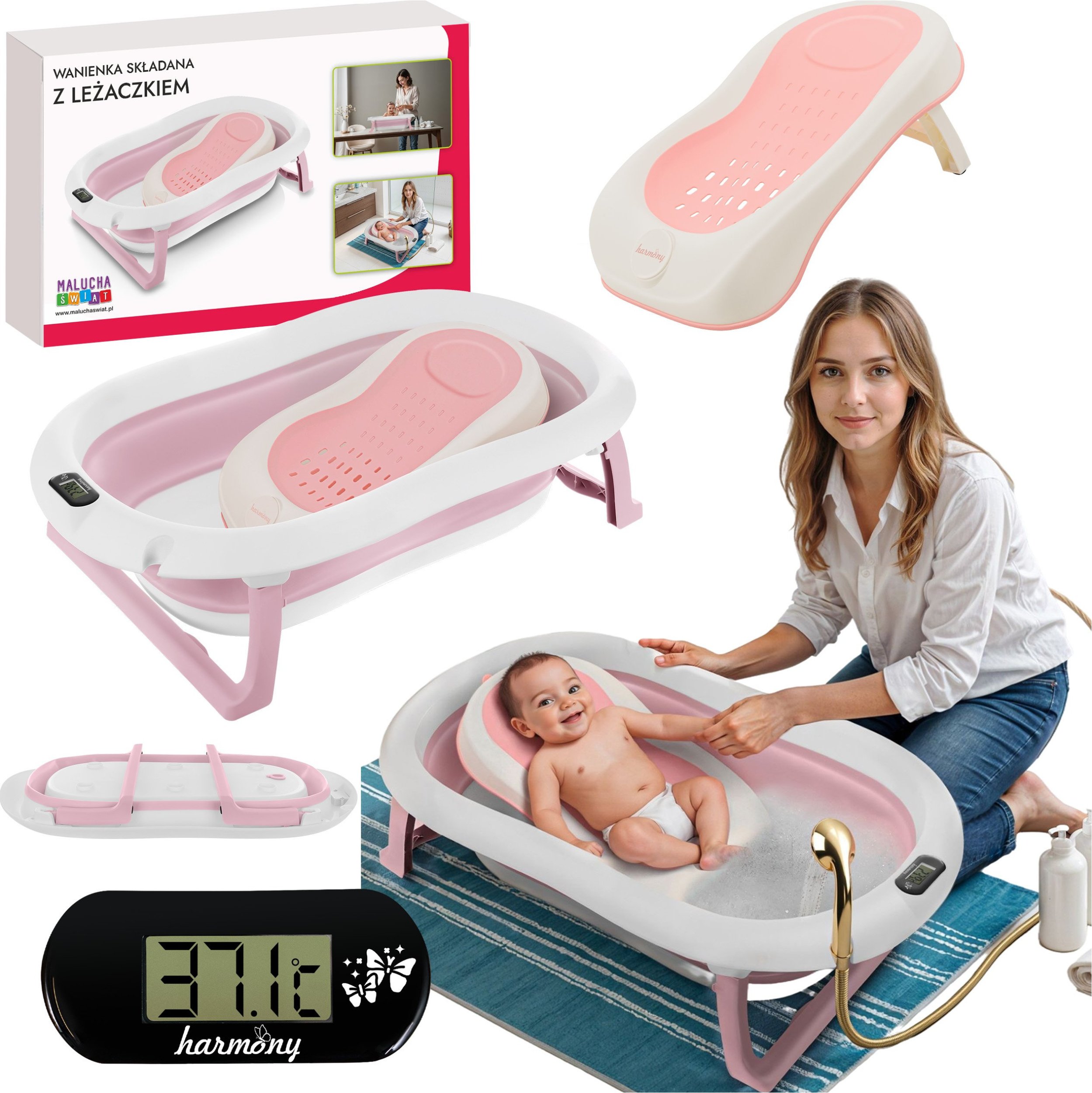 OEM WANIENKA DZIECIĘCA Z TERMOMETREM HARMONY RÓŻOWA LEŻACZEK