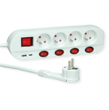 Listwa zasilająca ROLINE, 4-drożna, UTE, z indywidualnymi włącznikami/wyłącznikami, 1x USB A, 1x USB C, 1,5 m