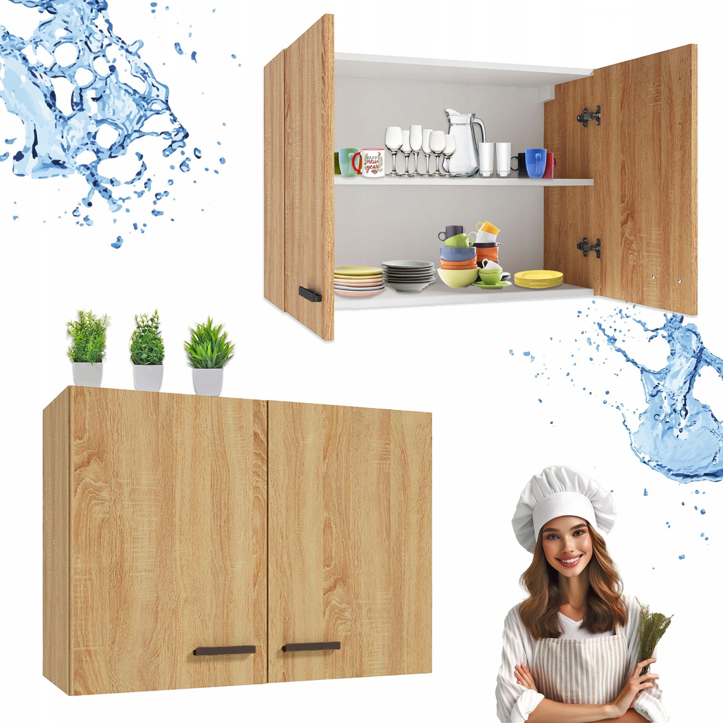 Stamar Nowoczesna Szafka Kuchenna Wisząca Dąb Złoty 80 x 51 x 38 cm Czarne Uchwyty