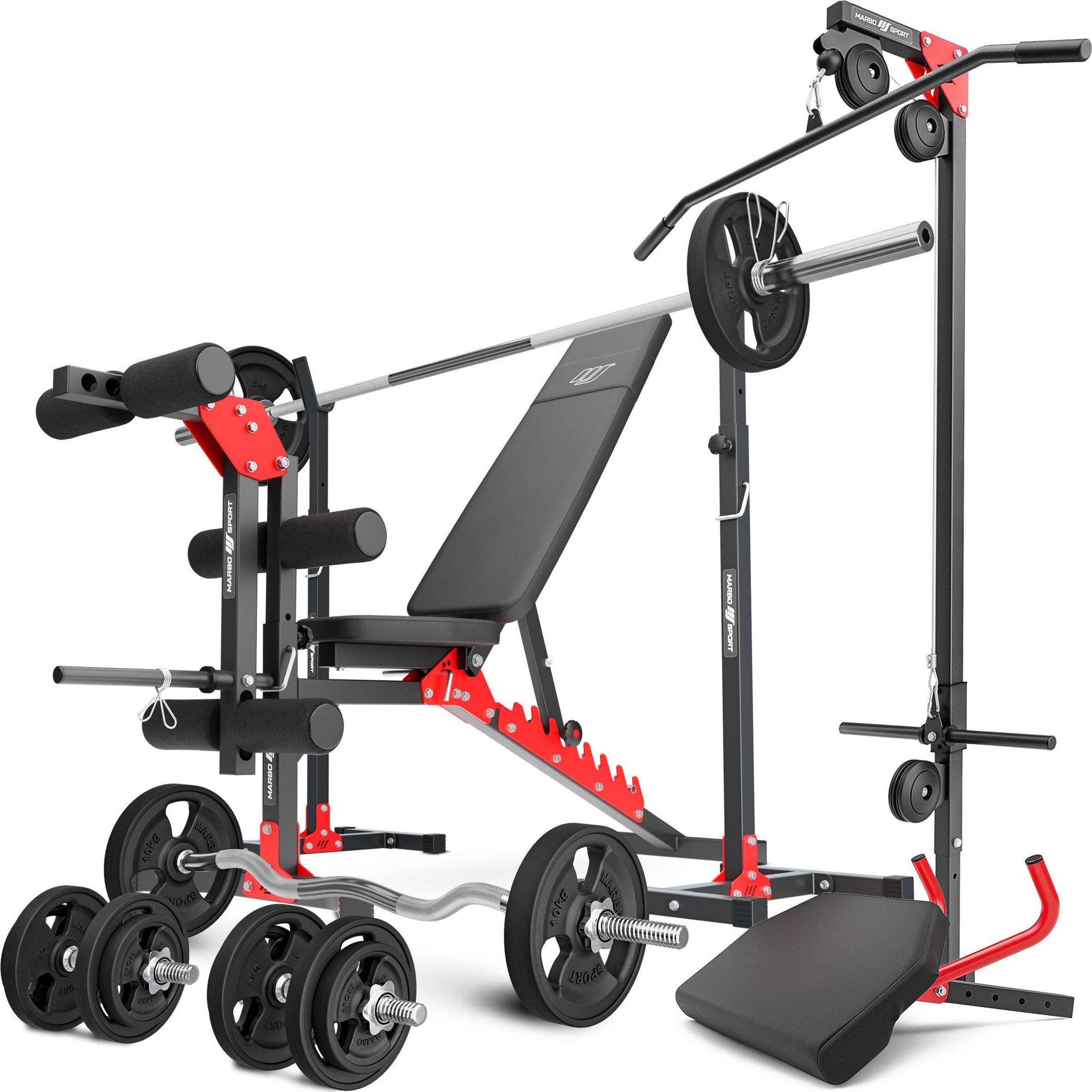 Zestaw MH25_132KG_KIER_G | Ławka + stojaki + prasa na nogi + wyciąg + modlitewnik (wsuwka) + zestaw gryfów i obciążeń gumowanych 83 kg - Marbo Sport