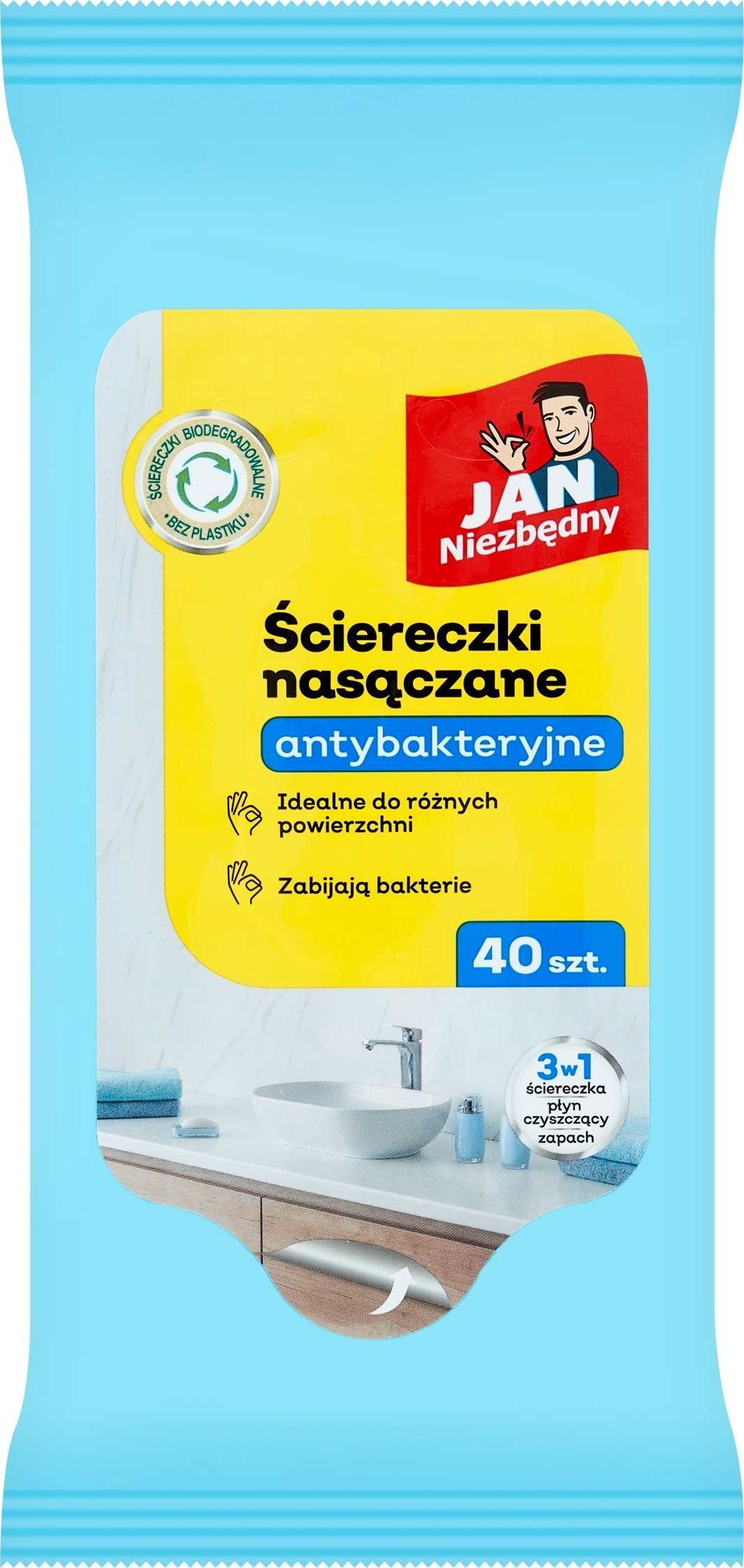 JAN Niezbędny Ściereczki nasączane JAN NIEZBĘDNY, antybakteryjne, 40 szt.