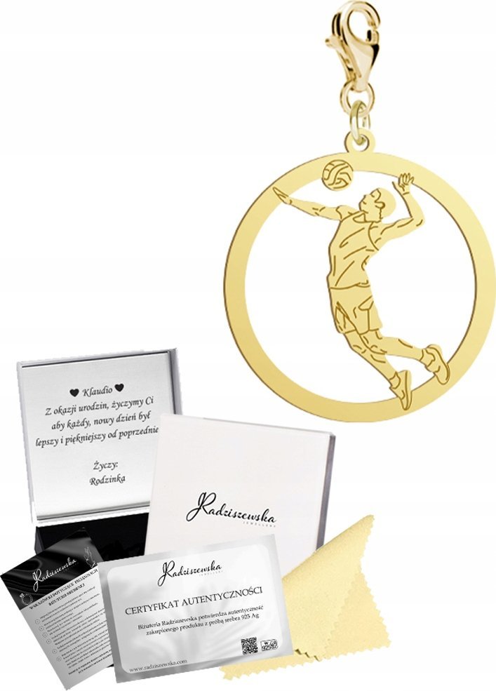 Radziszewska Jewellery Złoty Charms Siatkówka Męska Siatkarz SREBRO 925 Prezent DEDYKACJA GRATIS