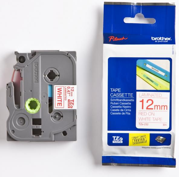 Brother Taśma do drukarek etykiet czerwony druk / biały podkład laminowane 12mm x 8m (TZE232)