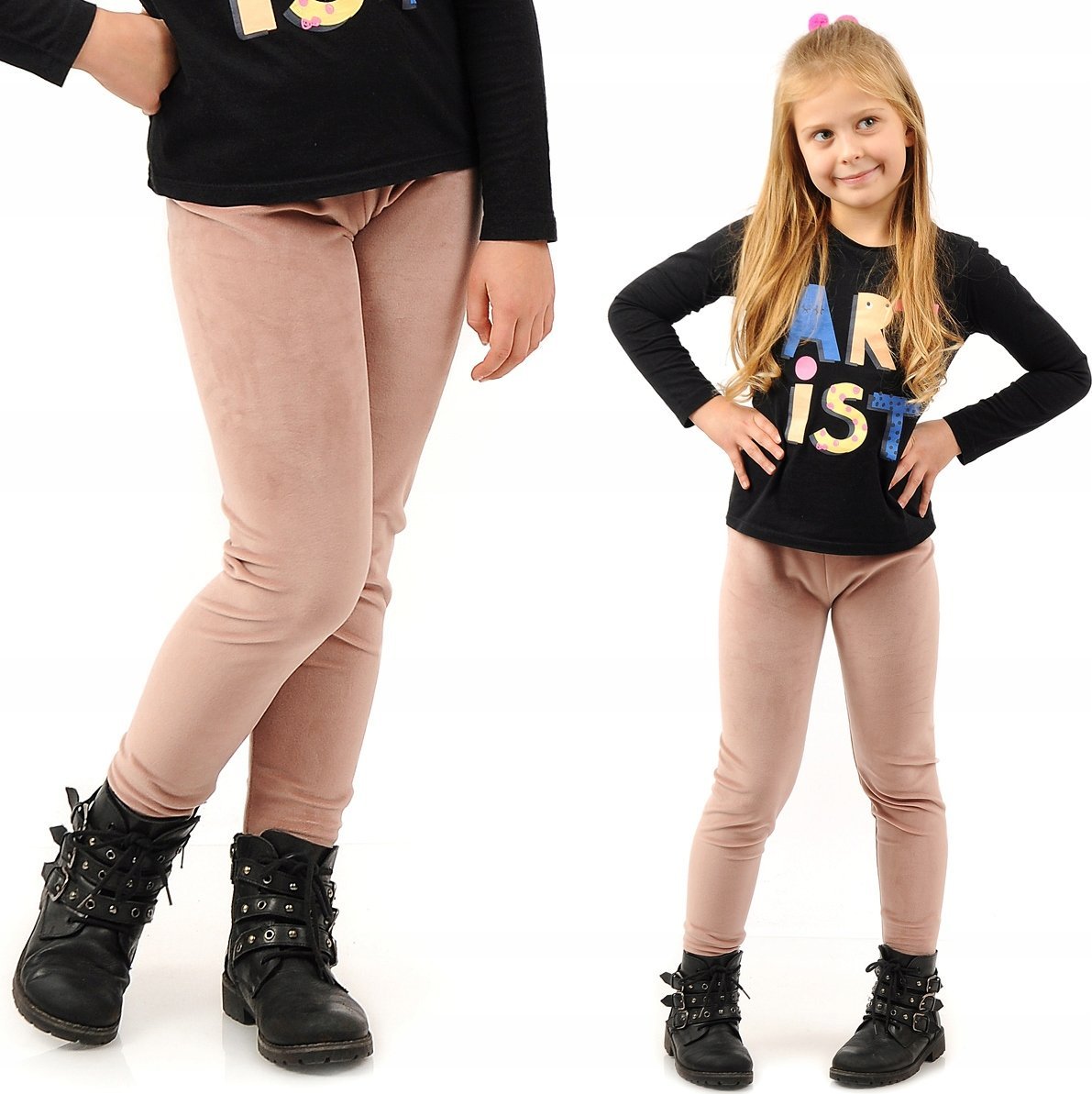 Legginsy dziewczęce Welurowe Elastyczne Spodnie Getry Welur Pudrowy Róż 104