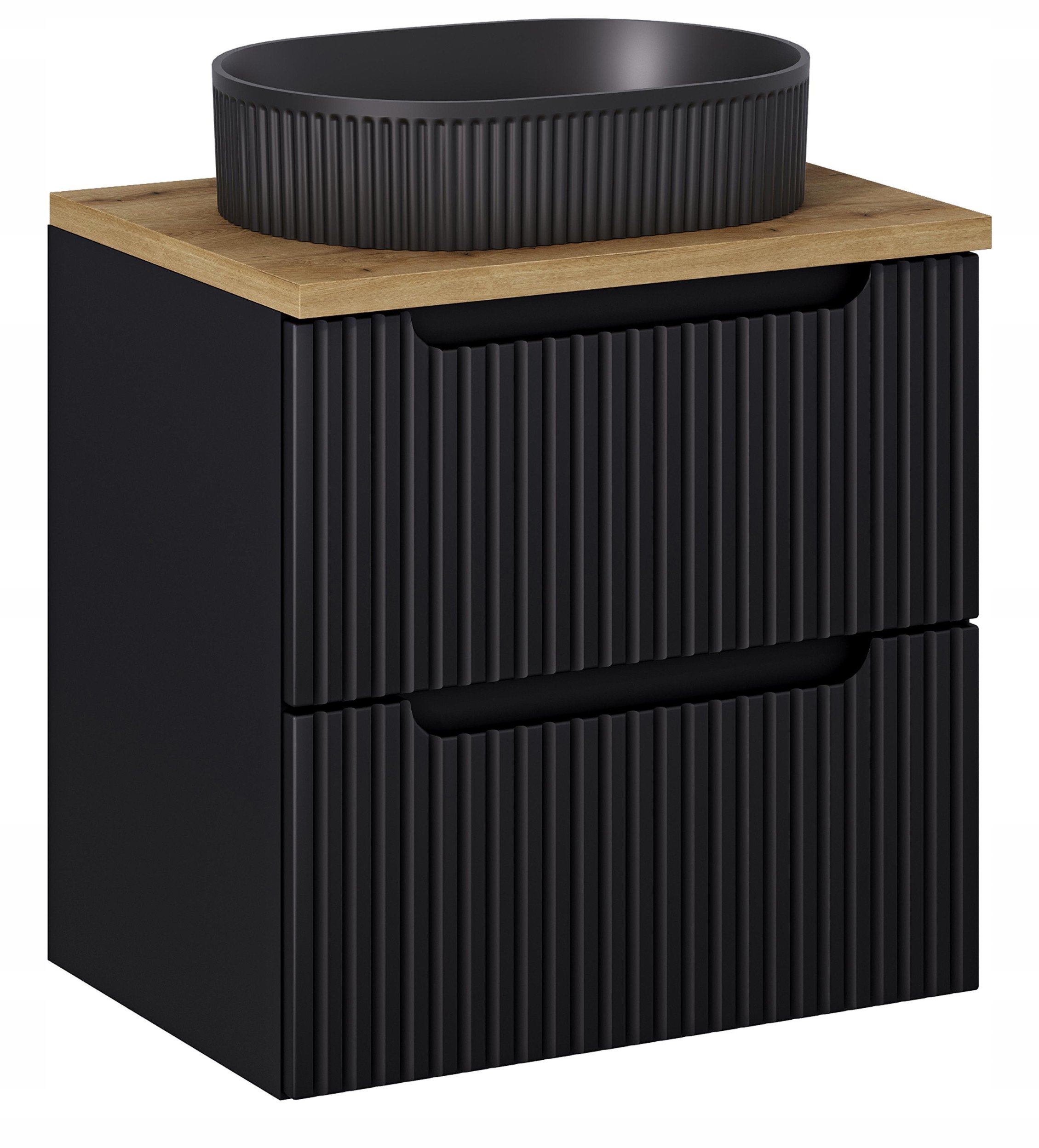 CZARNA szafka łazienkowa NOVA BLACK z umywalką i blat OAK 60cm z szufladami