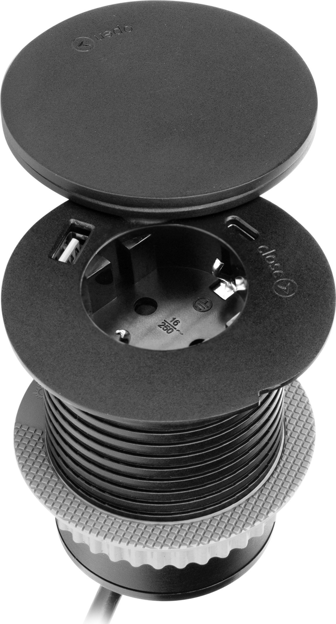 Orno Gniazdo meblowe ?6cm z rotacyjną pokrywą, ładowarką indukcyjną, ładowarką USB i przewodem 1,5m, 1x2P+Z (Schuko), Qi 1.2.4 max. 10W, 2xUSB (typ A