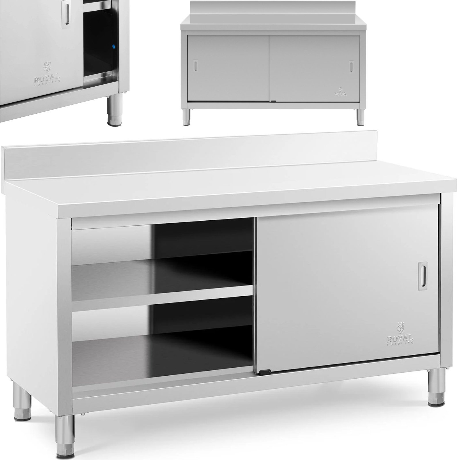 Royal Catering Stół blat roboczy przyścienny z szafką i rantem drzwi suwane 150 x 60 cm Stół blat roboczy przyścienny z szafką i rantem drzwi suwane 1