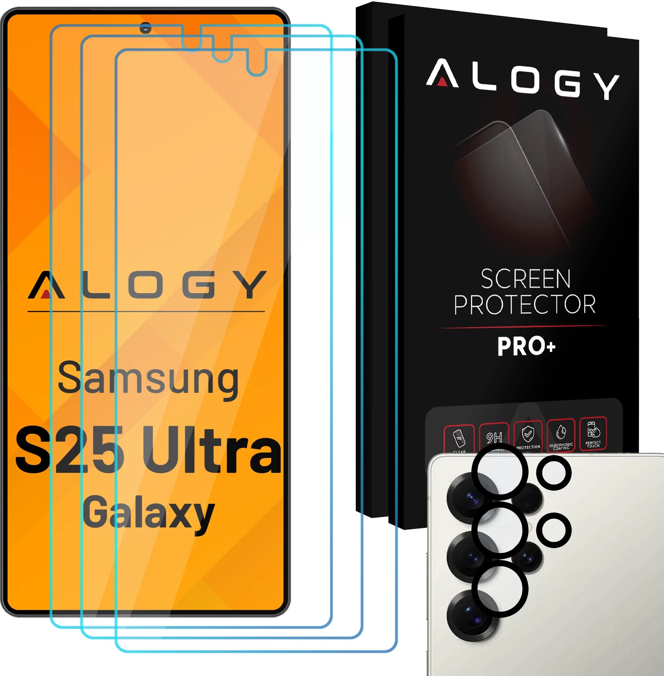 3x Szkło hartowane na ekran + szkło na obiektyw do Samsung Galaxy S25 Ultra ochronne szkiełko na ekran i aparat 9H Alogy GlassGuard Pack zestaw szkieł
