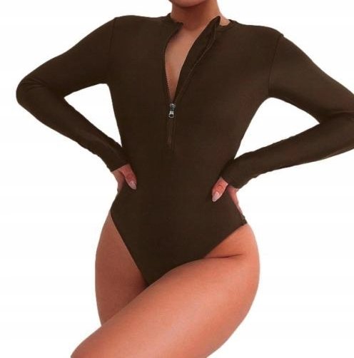Damski jednoczęściowy strój kąpielowy sportowy brązowy długi rękaw zamek L