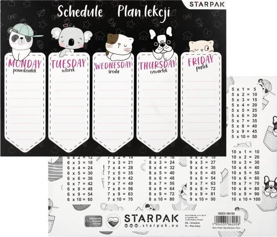 Plan lekcji z tabliczką mnożenia Minisy (25szt)