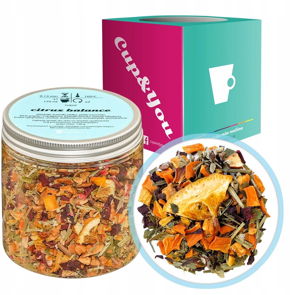 Herbata ziołowa cytrusowa CITRUS BALANCE jabłko hibiskus liście jeżyny 130g - herbata sypana liściasta napar ziołowy PREMIUM Cup&You
